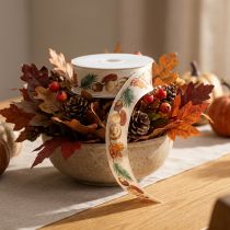 Product Decorative Ribbon with Mushroom and Autumn Leaves Design, 25mm x 18m Beige Polyester