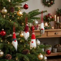 Product Set of 12 Hanging Gnomes with Knitted Hats in Red, White, Grey, and Burgundy, H10–12cm