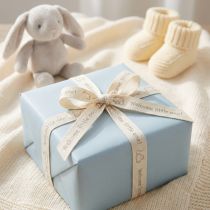 Product Gift ribbon with little mouse design, decorative ribbon for births and christenings, 15mm wide, 20m long