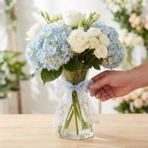 Product Organza ribbon with flowers, blue, decorative ribbon, organza fabric, 40mm wide, 15m long
