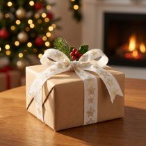 Product Christmas ribbon with star motif white gold 25mm 18m