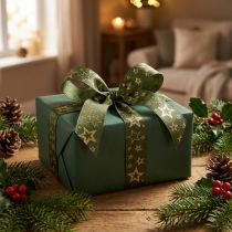 Product Decorative Ribbon Christmas with Stars Green Gold W25mm L15m