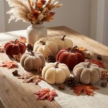 Product Set of 9 Fabric Decorative Pumpkins Ø7cm in Yellow, Beige, and Reddish-Brown
