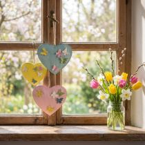 Product Decorative heart pendants with butterflies for spring decoration, 10.5cm, 3 pieces