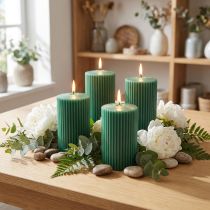 Product Pillar Candles Green Emerald Grooved Candles 70/90mm 4 Pcs