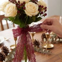 Product Lace ribbon with flowers, decorative ribbon, Bordeaux, 25mm wide, 25m long