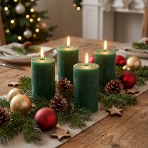 Product Dark green pillar candles 70x120mm, set of 4, colored throughout, long burning time, Christmas decoration and table decoration
