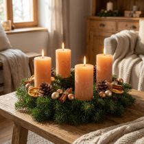 Product Orange Peach pillar candles 70x120mm, colored throughout, long burning time, set of 4 for Advent decoration