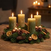 Product Solid-color pillar candles, olive green, 70×120mm - Long burning time 53h, set of 4, marbled for decoration and Advent