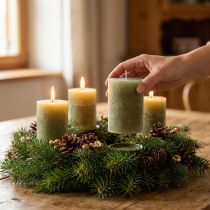 Product Solid-color pillar candles, olive green, 70x100mm, set of 4, long burning time, high-quality wax