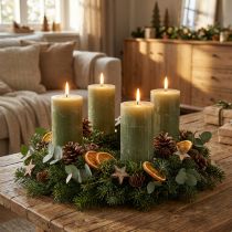 Product Solid-color olive green pillar candles 60×100mm, set of 4, country style, boho, Advent