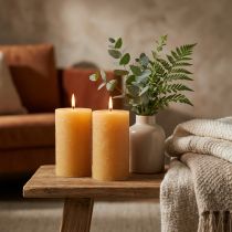 Product Solid-colored pillar candles, honey-colored, set of 2, 85×150mm, long burning time, creates a cozy atmosphere, table decoration