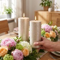 Product Premium platinum-colored pillar candles, 85x120mm, long burning time, set of 2