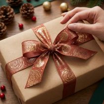 Product Gift ribbon with golden roses decorative ribbon red-brown 25mm 15m