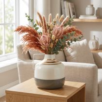 Product Charming metal decorative vase with handle, vintage style, cream/grey/gold, Ø16cm, H17cm, for dried flowers &amp; artificial plants
