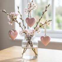 Product Decorative hanger wooden hearts decoration light pink glossy 6 cm 8 pcs