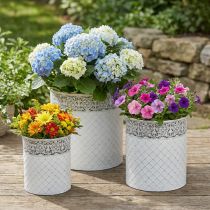 Product Plant pot with lace pattern, metal container, decorative bucket, white, silver, shabby chic, H28/25.5/23.5cm, Ø29.5/25.5/20cm, set of 3