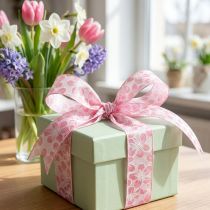 Product Decorative Ribbon with Flowers Gift Ribbon Spring Pink 25mm 20m