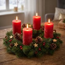 Product Set of 4 red Advent candles, safety pillar candles, rustic style, 70/110mm, for Christmas decorations