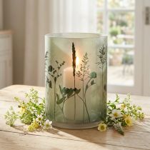 Product Lantern Large Decorative Glass in White Green Motif Meadow H24cm
