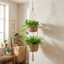 Product Hanging Seagrass Planter with Two Baskets and Rope Hanger, 130cm