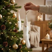 Product Set of 3 Hanging Gnome Decorations with Long Hat and Beard, Cream, 48cm