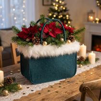 Product Felt bag with fur edge petrol blue 38cm x24cm x 20cm