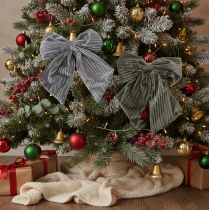 Product Velvet Ribbed Hanging Christmas Bows - 24cm, Set of 2 in Grey and Olive Green