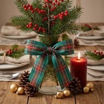 Product Green and Red Tartan Gift Ribbon, 25mm x 20m, Polyester