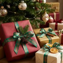 Product Checkered Ribbon for Christmas Gifts, 15mm x 20m, Red-Green-White Polyester