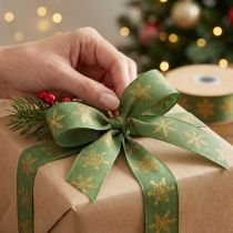 Product Ribbon Christmas snowflake green, yellow 25mm 15m
