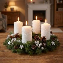 Product Advent candle set, snowball design, white – pillar candles 100/60mm for Advent wreath &amp; Christmas decorations, pack of 4
