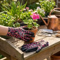 Product Kixx Garden Gloves, Black with Pink Flowers, Size 8