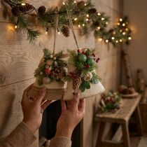 Product Rustic Christmas bells wall decoration, jute fir branches, pine cones