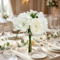 Product Elegant decorative bridal bouquet with pearls and rhinestones, artificial flowers, silk flower bouquet, white and cream wedding decoration, 29cm