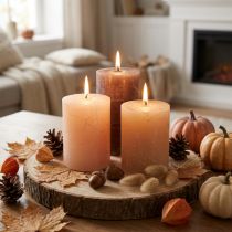 Product Pillar candle set, 3 colors: brown, apricot, sand, 60x80mm, 12 pieces, rustic decoration, long burning time
