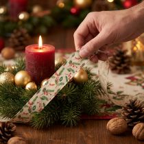 Product Holly and Berry Decorative Ribbon with Wired Edges 25mm x 18m Beige