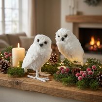 Product White Faux Fur and Feather Snowy Owls - Pair, 15.5cm
