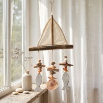 Product Wind chime sailing ship decoration fish wood white natural H56cm