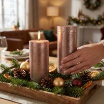 Product Solid-colored copper pillar candles, 85mm x 200mm, set of 2 - long burning time, festive metallic design for decoration