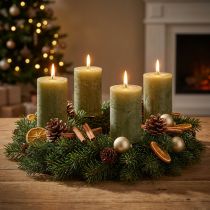 Product Solid-colored olive green pillar candles 60×80mm, pack of 4, for decoration &amp; Advent