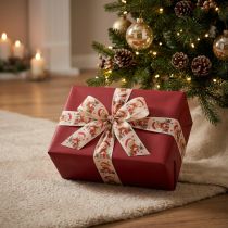 Product Christmas Ribbon with Bear Design 40mm x 15m in Cream, Red, and Green