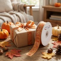Product Autumn Leaf Pattern Ribbon, 25mm Wide, 18m, Polyester, for Decorative Wrapping and Crafting