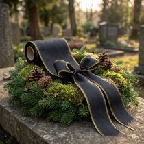Product Elegant moiré wreath ribbon, 175mm black with pearl edge and taffeta weave, decorative ribbon for funeral floristry, bow ribbon, 25m