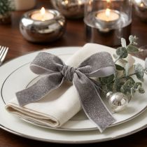 Product Velvet ribbon with glitter decorative ribbon velvet grey silver 20mm 10m