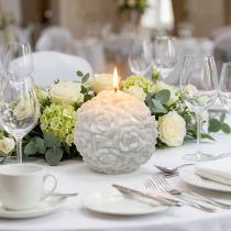 Product Ball candle with rose motif, table decoration for weddings and birthdays, 10.5cm, white