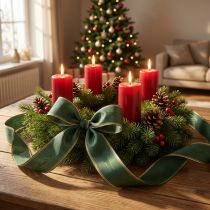Product Elegant moiré wreath ribbon, 175mm, dark green with pearl edge and taffeta weave for festive occasions