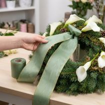 Product Moiré wreath ribbon sage green with gold edge, 150mm x 25m, decorative ribbon for floristry and wreaths