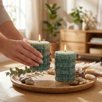 Product Rustic pillar candles green 80/65 - decorative candles set of 2 with safe and long burning