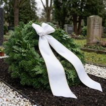 Product White moiré wreath ribbon with gold pearl edge, 175mm - Elegant ribbon for decoration and floristry